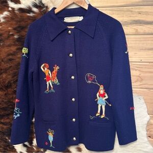 VTG Andreno Argento Womens Large Blue Embroidered Novelty Golf Cardigan